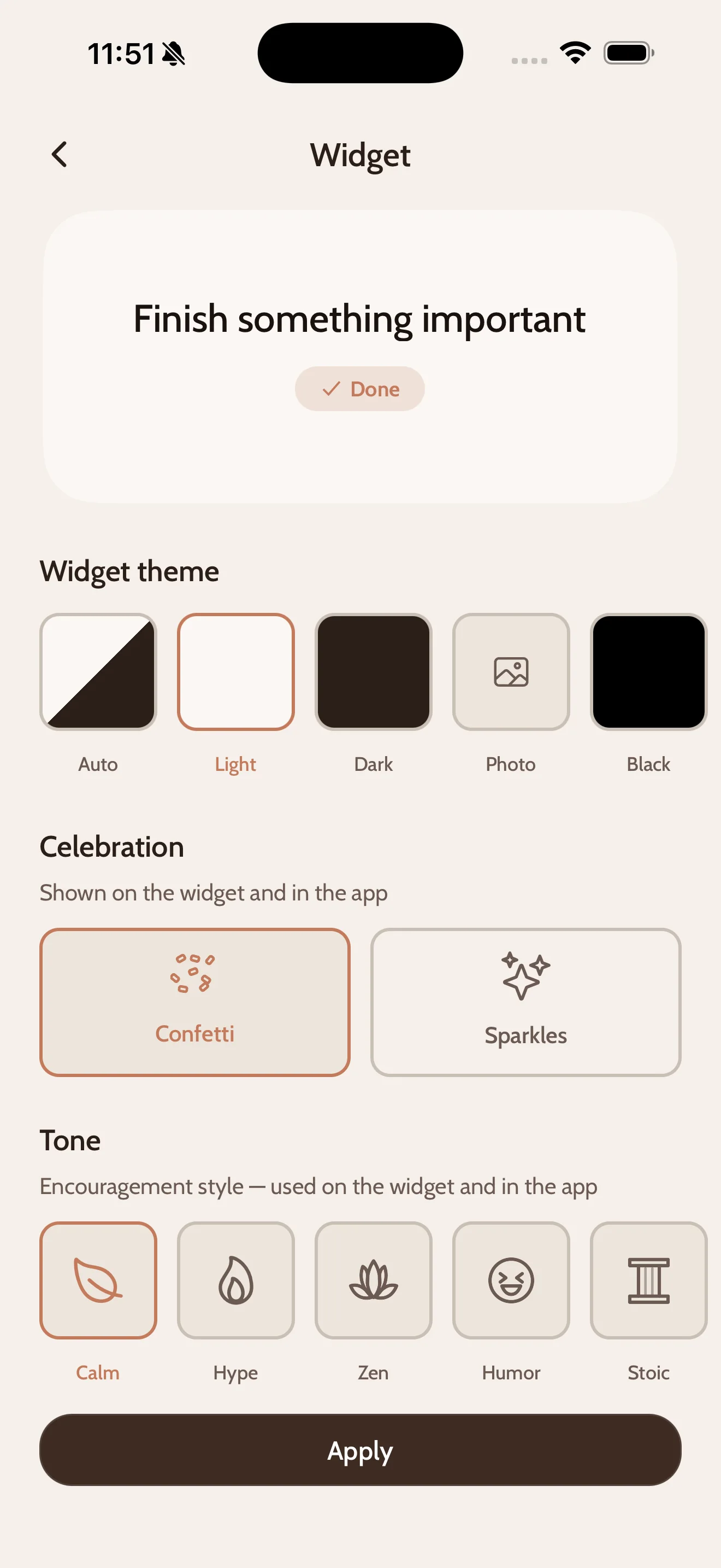 CapyDo widget settings: light and dark themes, celebration style, and five encouragement tones