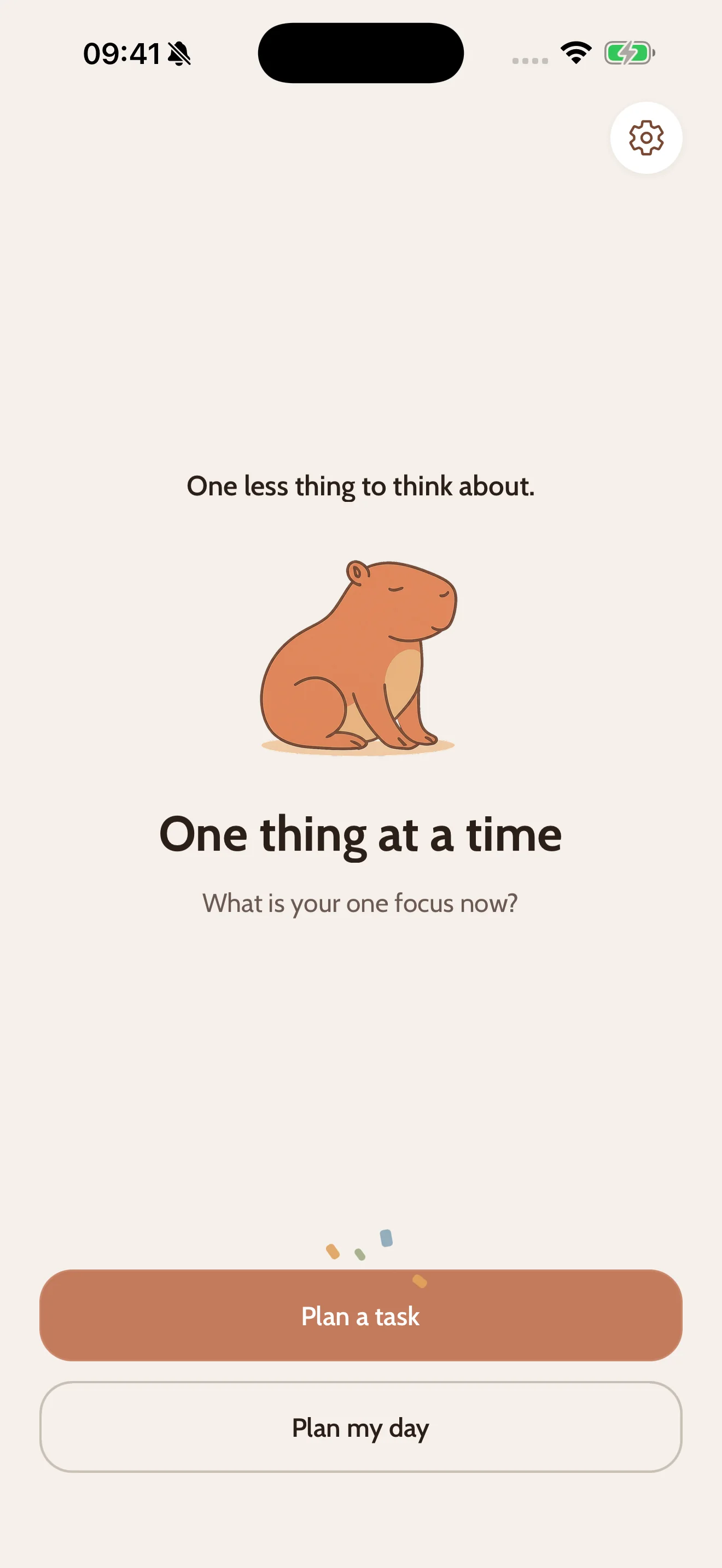 CapyDo task-done screen: the capybara with a short celebration phrase and a little confetti