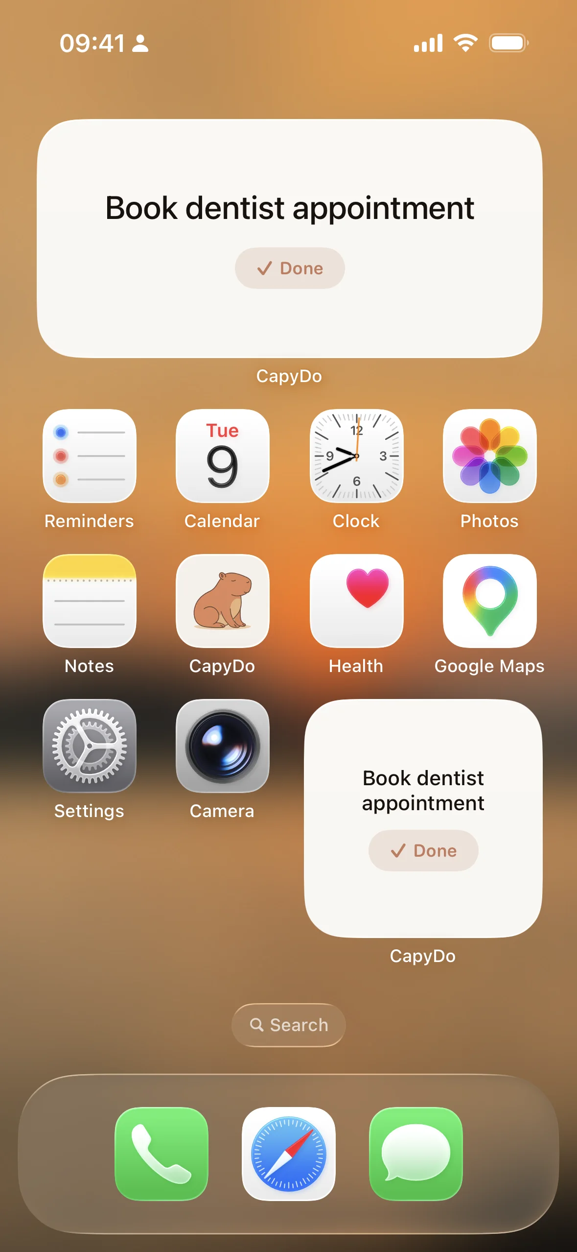 CapyDo widget on an iPhone home screen showing a single task, Book doctor appointment, with a Done button