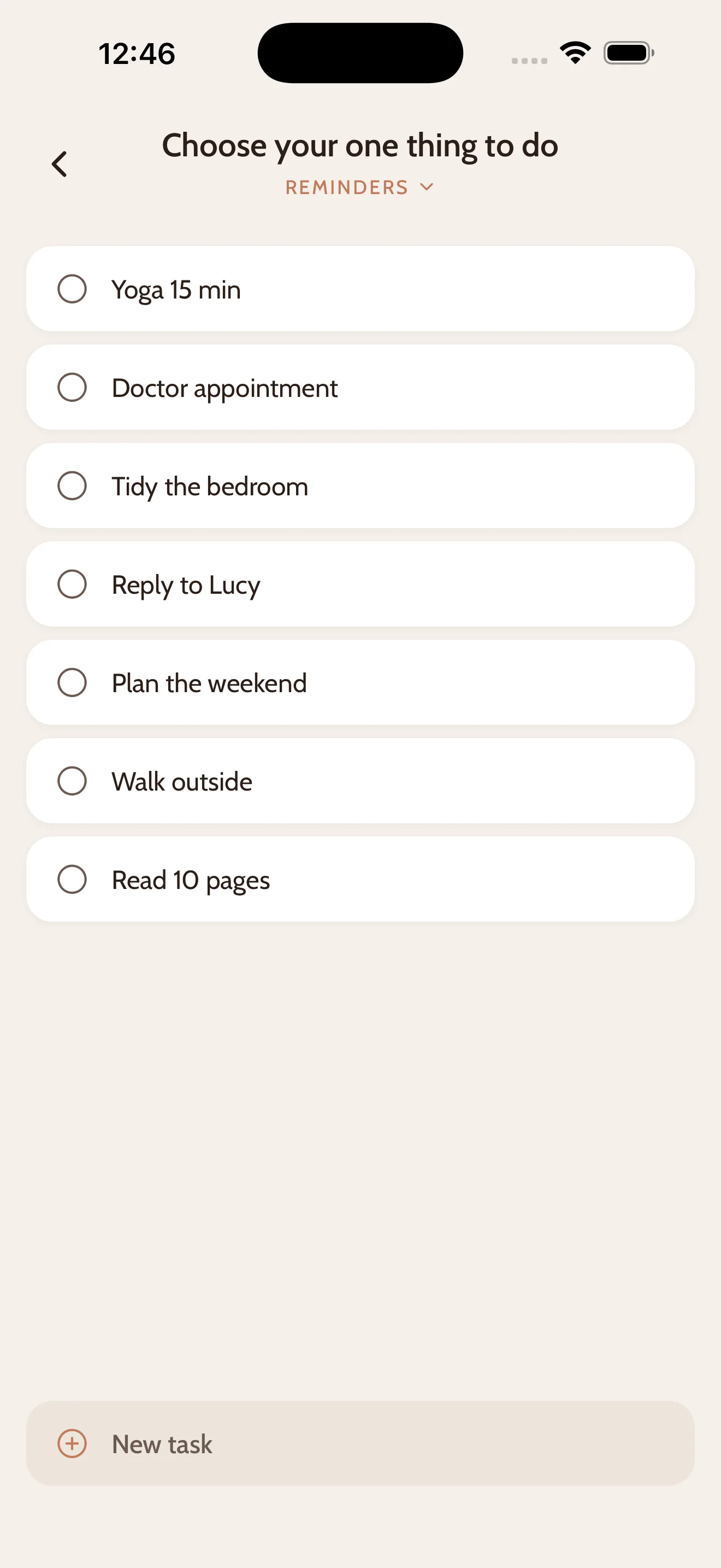 CapyDo screen showing your tasks from Apple Reminders, ready to choose your one thing to do