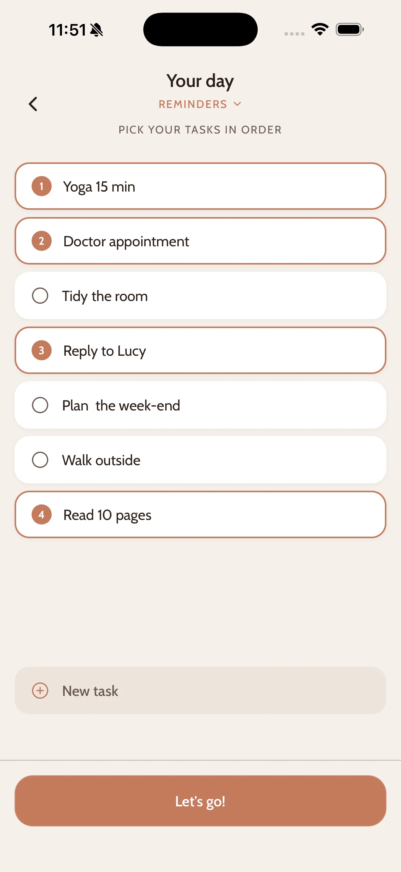 CapyDo Your Day screen: pick your tasks in order from Apple Reminders
