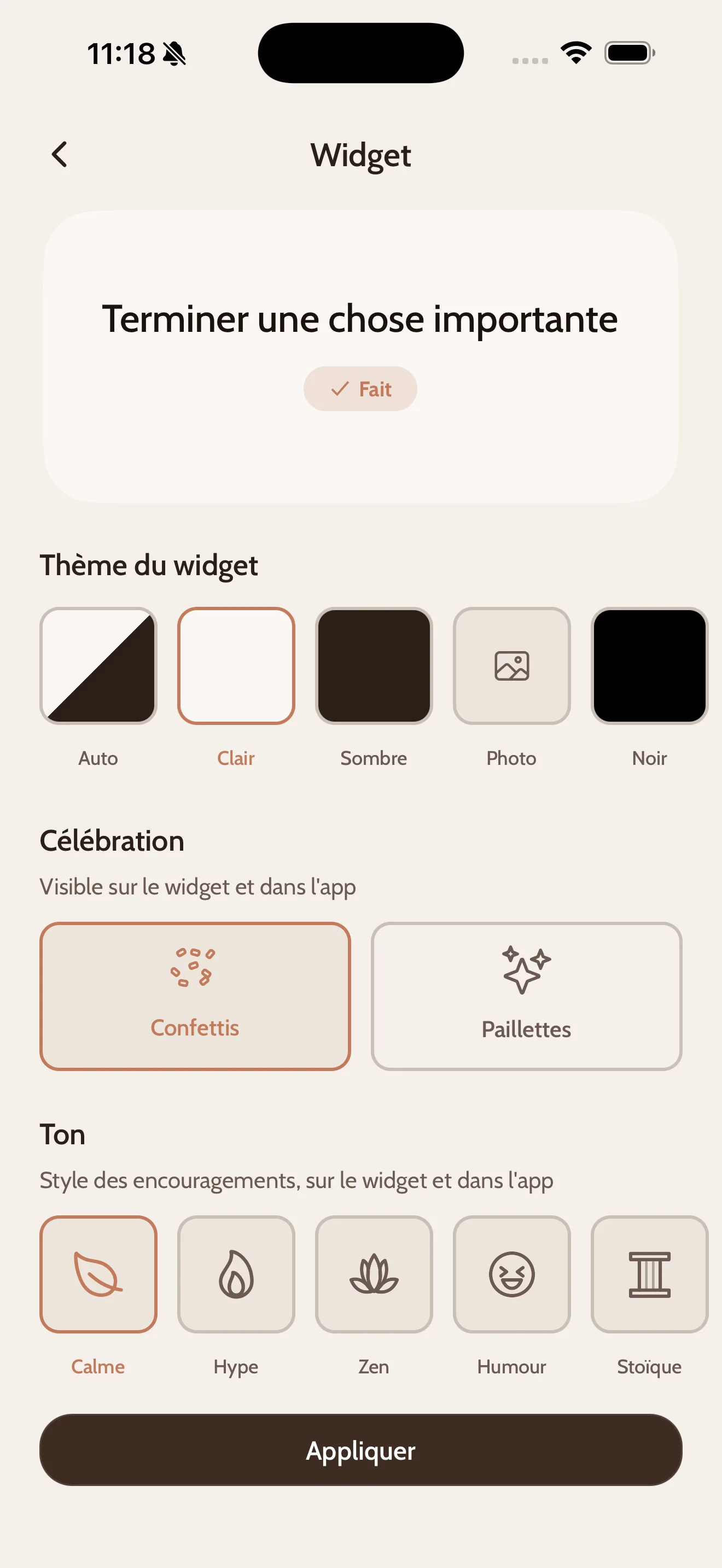 Réglages du widget CapyDo : thèmes clair et sombre, style de célébration et cinq tons d'encouragement