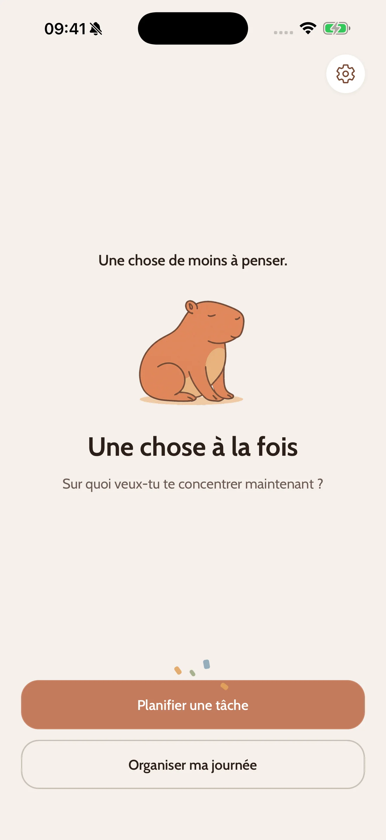 Écran tâche terminée de CapyDo : le capybara avec une courte phrase de célébration et quelques confettis