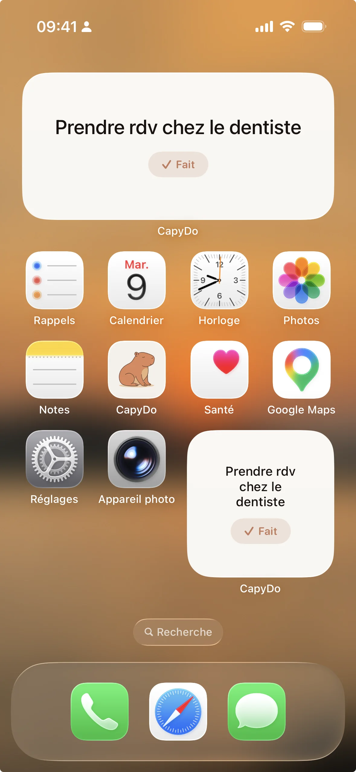 Widget CapyDo sur un écran d'accueil iPhone montrant une seule tâche avec un bouton Terminé