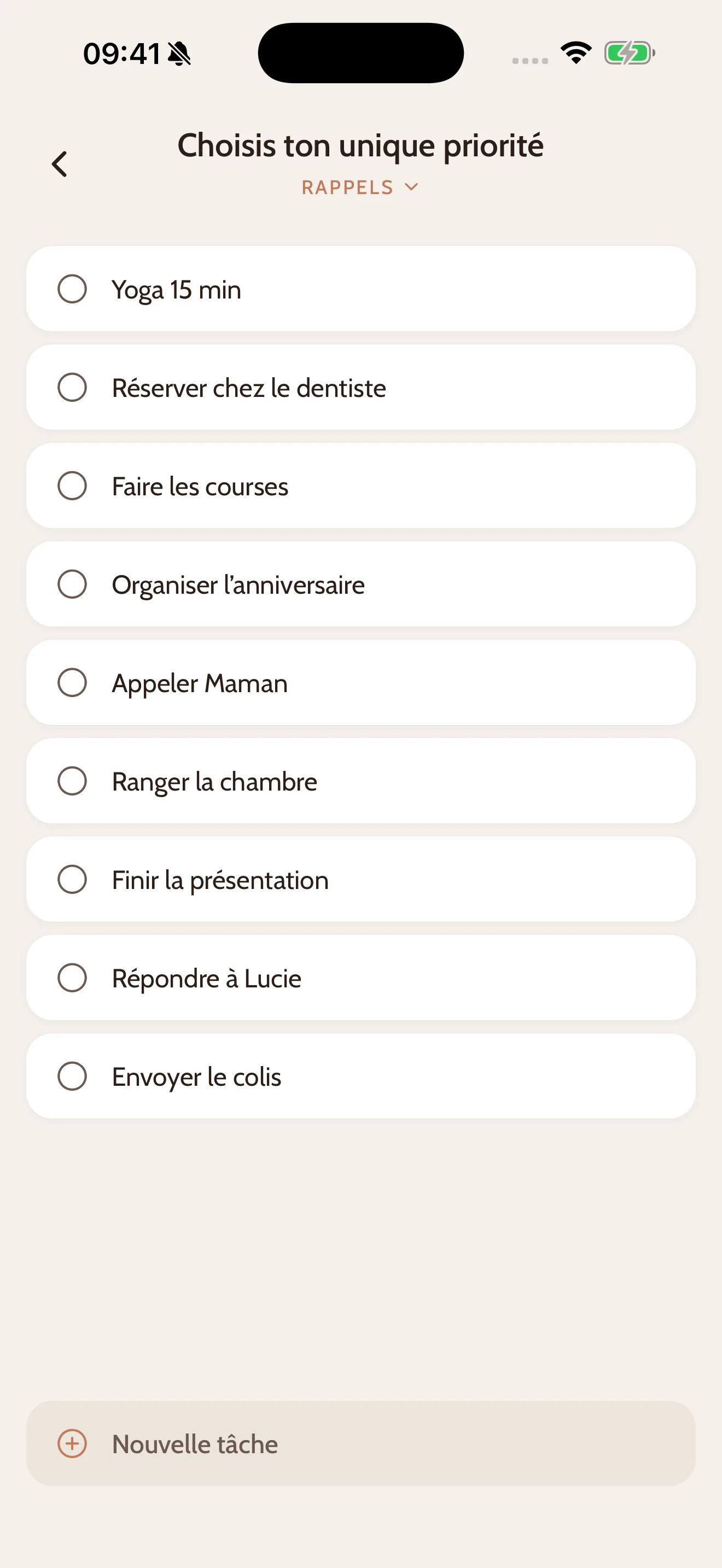 Écran CapyDo montrant tes tâches venues de Rappels Apple, pour choisir ta chose à faire