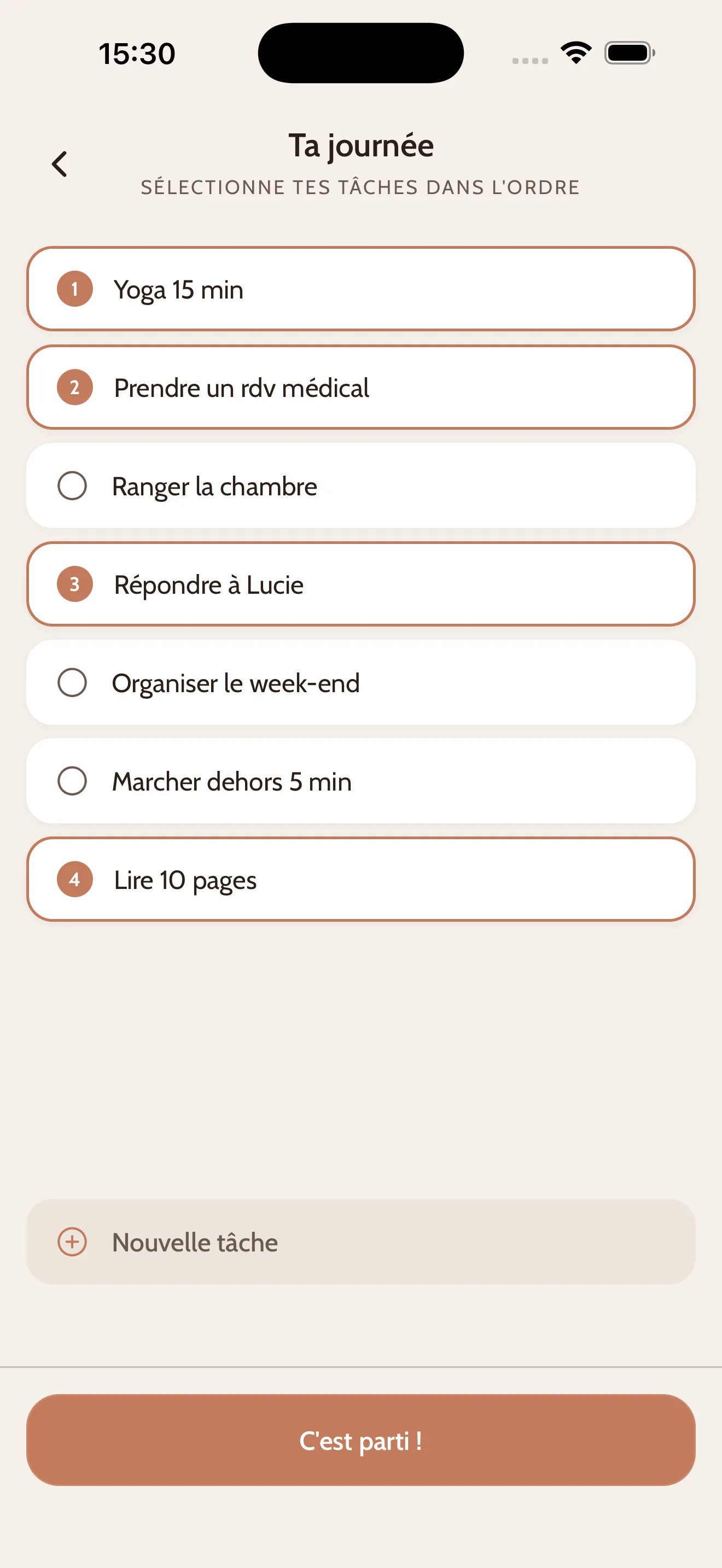 Écran Ta journée de CapyDo : choisis tes tâches dans l'ordre depuis Rappels Apple